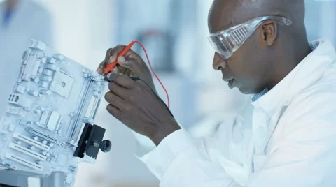 4K Engineer working in electronics factory building &amp; testing electronic devices Stock Footage 67751664
