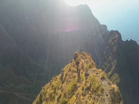 4K Epic Aerial flyover of man on awa'awapuhi trail ridge in Hawaii Stock Footage 80817879