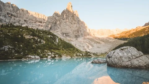 4K Epic Timelapse of Lago Di Sorapis Lake Mountain at Sunrise in Italy Dolomi Stock Footage 95143045