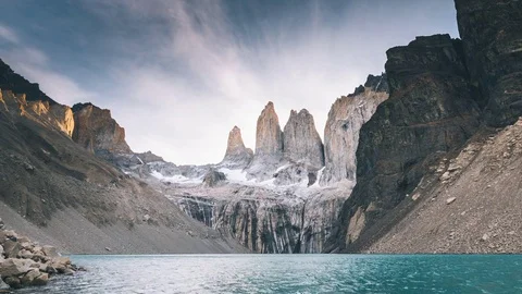 4K Epic Timelapse of Las Torres Del Paine mountain at sunset Stock Footage 75659265