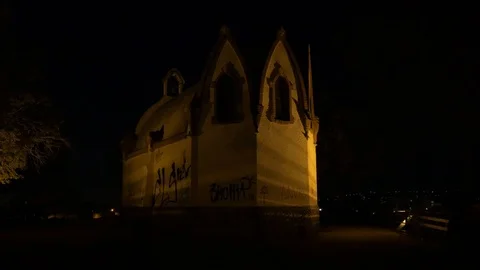 4K Ermita Can Boada Terrassa Sagrat Cor Jesus church night rear 1 Stock Footage 114029872