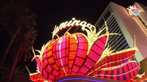 4K ES: Main Neon Marquee of the Flamingo Hotel on The Las Vegas Strip Stock Footage 63082277