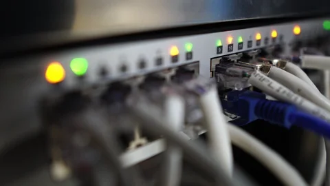 4K Ethernet switch. Close up. With cables, used and opened ports. Stock Footage 108761590