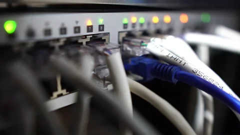 4K Ethernet switch. Close up. With cables, used and opened ports. Stock Footage 108761616
