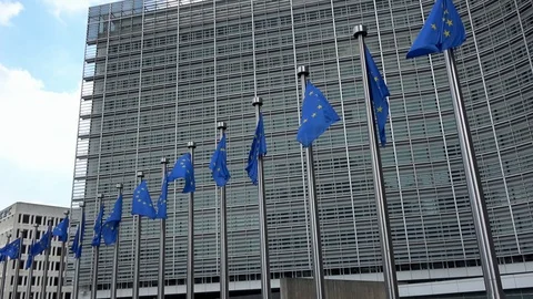 4K. European Union flags in a row waving in the wind, European Commission Stock Footage 100672762
