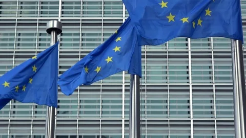 4K. European Union flags in a row waving in the wind, European Commission Stock Footage 100672817
