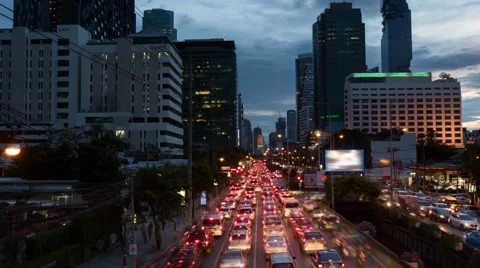 4K Evening cityscape time lapse with traffic jam, Bangkok. High angle viewpoint Stock Footage 67604820
