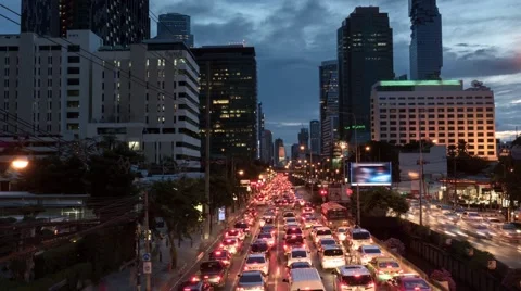 4K Evening cityscape with traffic jam, sunset time lapse Bangkok, Thailand Stock Footage 67858088