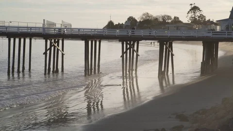 4K EXT DAWN static Malibu beach with a pier Stock Footage 73115400