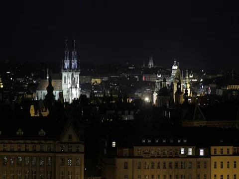 4K EXT NIGHT static old town of Prague with many towers Stock Footage 73110814