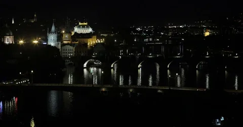 4K EXT NIGHT static Prague in the night with the river and National Theatre Stock Footage 73110582