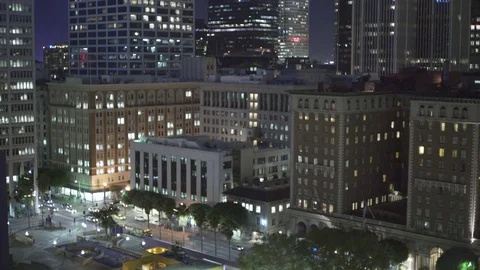 4K EXT NIGHT static shot downtown Los Angeles with lit buildings and traffic 動画素材 73110109