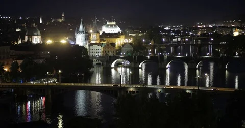 4K EXT NIGHT static shot with lit old buildings, many bridges and cars Stock Footage 73110867
