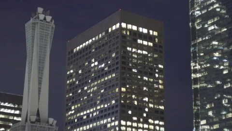 4K EXT NIGHT tilt-down downtown Los Angeles with skyline and traffic Stock Footage 73110085