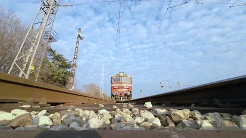 4K extreme camera is mounted under the train on the rails Stock Footage 179141643