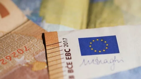4K Extreme close up of rotating European flag on 50 Euro bill. Stock Footage