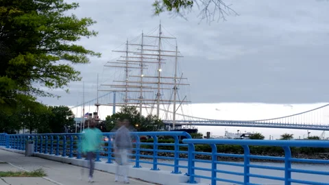 4K EXTREME LONG SHOT HYPER TIME LAPSE OF DELAWARE RIVER WITH SHIP AND CLOUDS Stock Footage 132074830