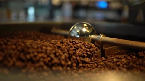 4K Factory Coffee Roasting Machine In Operation, Turning &amp; Stirring Fresh Beans Stock Footage 180499116