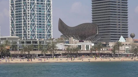 4K Famous Olympic harbor in Barcelona bay tourism attraction golden fish design Stock Footage