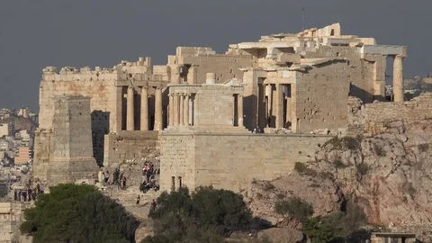 4K Famous Propylea gateway of Acropolis temple Athens tourism attraction people Stock Footage 70741957