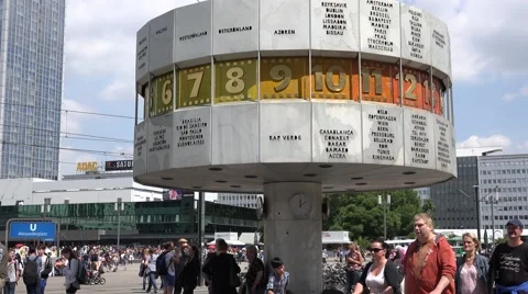 4K Famous World clock Alexanderplatz Berlin capital worldtime hour display sign  Stock Footage 55315688