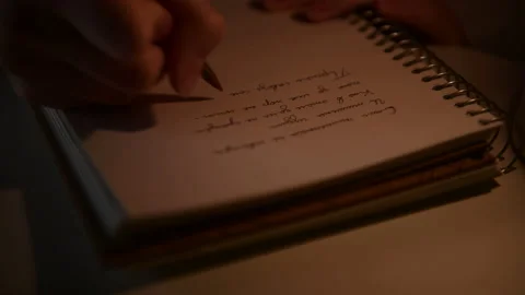 4k Female Hand writes in notebook with flickering candle light, writing poetry Stock Footage 156756637