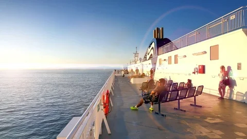 4K Ferry Boat Ship Deck, Sunset Golden Hour, Ocean Sea Travel Passengers Stock Footage 80123552