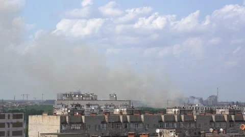 4K. Fire in a residential multi-storey building, view from above. Stock Footage 133193875
