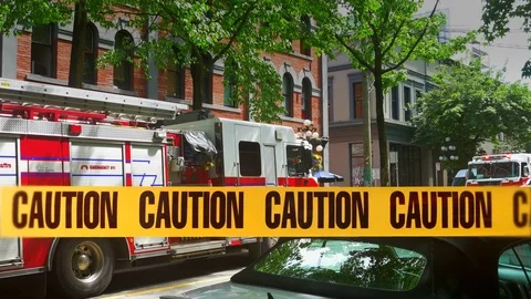 4K Fire Truck Emergency Response Scene, Safety Caution Yellow Ribbon Tape Stock Footage 76233457