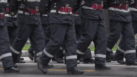 4K Fireman formation march paramedic people in rescue mission teamwork exercise Video stock 70543793