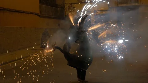 4K fireworks firecrackers dragon witches demons show night 1 Stock Footage 114029555