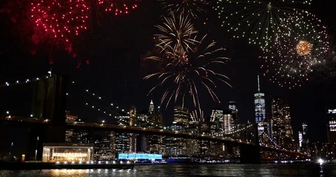 4K: Fireworks over Brooklyn Bridge, New York City, USA at night. Stock Footage