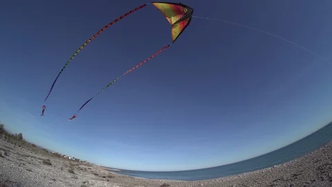 4K Fish Eye  view of flying kite with air turbines .- Stock-Footage 102085675