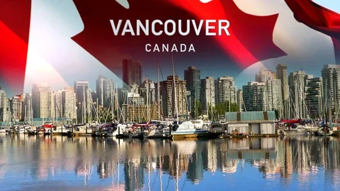 4K Flag Sky Vancouver Canada Skyline City Flag Downtown Canada View BC Cityscape Stock Footage 80437606