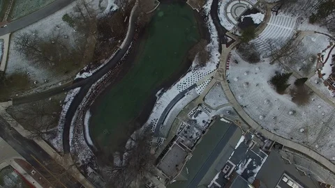 4K, FLAT, PANNING DRONE SHOT OF SNOWY MIRROR LAKE Video stock 101813874