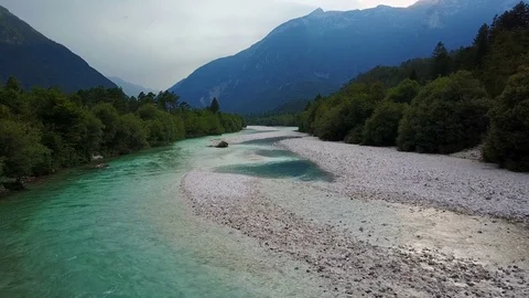 4K. Flight above Soca river in Slovenia at sunset. Julian Alps, Soca Valley. Stock Footage 78505237