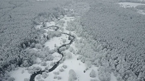 4K. Flight above wild winding river in frozen forest at foggy weather. Video stock 83364332