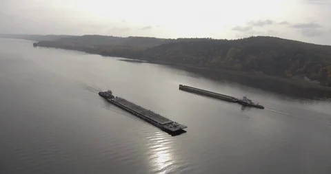 4K flight dawn river barge europe Video stock 91774444
