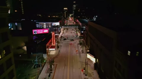 4K Flight Down Hennepin Ave Minneapolis, MN at Night Stock Footage 220468299