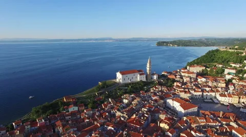 4K. Flight over old city Piran and St. George's Parish Church, Slovenia. Stock Footage 65805552