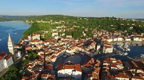 4K. Flight over old city Piran, aerial. St. George's Church, Tartini Square. 動画素材 65806834