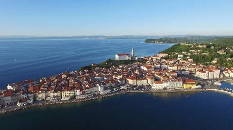 4K. Flight over old city Piran in Slovenia, aerial panoramic view. Stock Footage 65807993