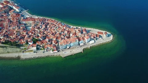 4K. Flight over old city Piran in the morning, aerial top panoramic view. Stock Footage 77977926