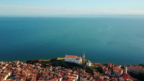 4K. Flight over old city Piran in the morning, aerial panoramic view. Stock Footage 78435132