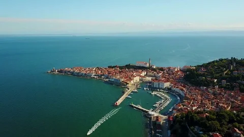 4K. Flight over old city Piran in the morning, aerial panoramic view. 스톡 동영상 78444565