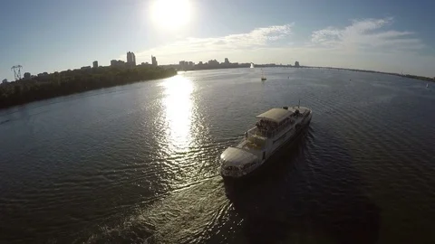 4K Flight over the ship which goes along the Dnieper river Stock Footage 73548136