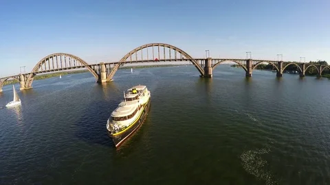 4K Flight over the ship which goes along the Dnieper river Stock Footage 73552621