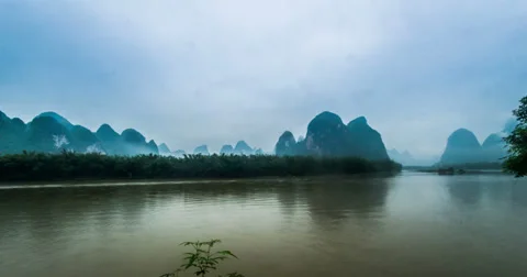 4k, The flow of Li river and mountains from afternoon to sunset in Guilin, China Stock-Footage 38338962