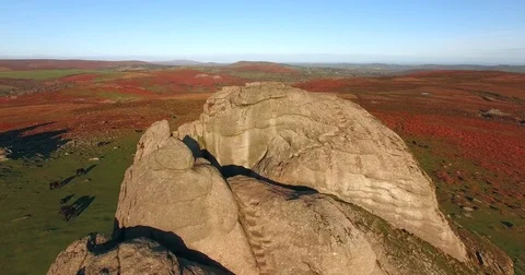 4K Fly over Haytor steps in autumn sunlight Stock Footage 82795313