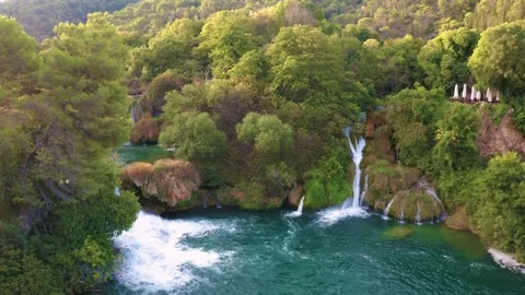 4K Flying backwards over the beautiful Krka Waterfalls in Krka National Park Stock Footage 217985181